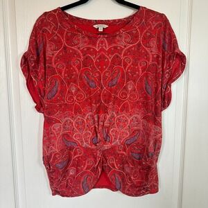 Lucky Brand Red Paisley Twist Front Boho Peasant Top Cotton Womens L